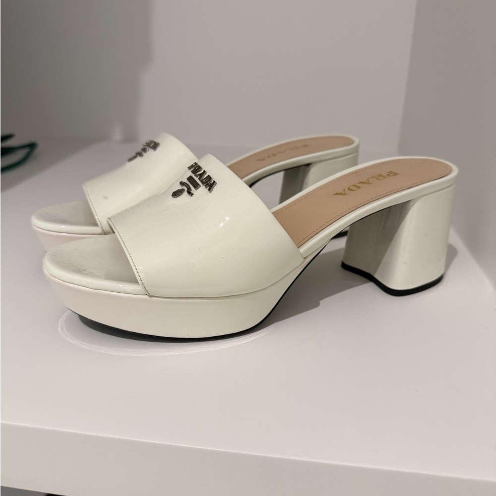 Prada White Patent Platform Slide Mules